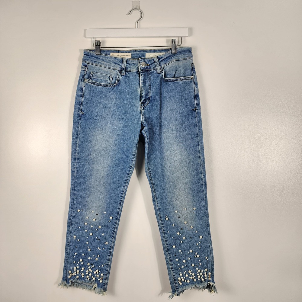 Pilcro Hyphen Slim Boyfriend Jeans Womens 27 Blue Pearl Anthropologie Beaded
